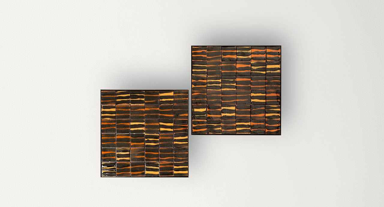 Segni, table tops by Nicolò Morales, ceramics PML125, structures ME451