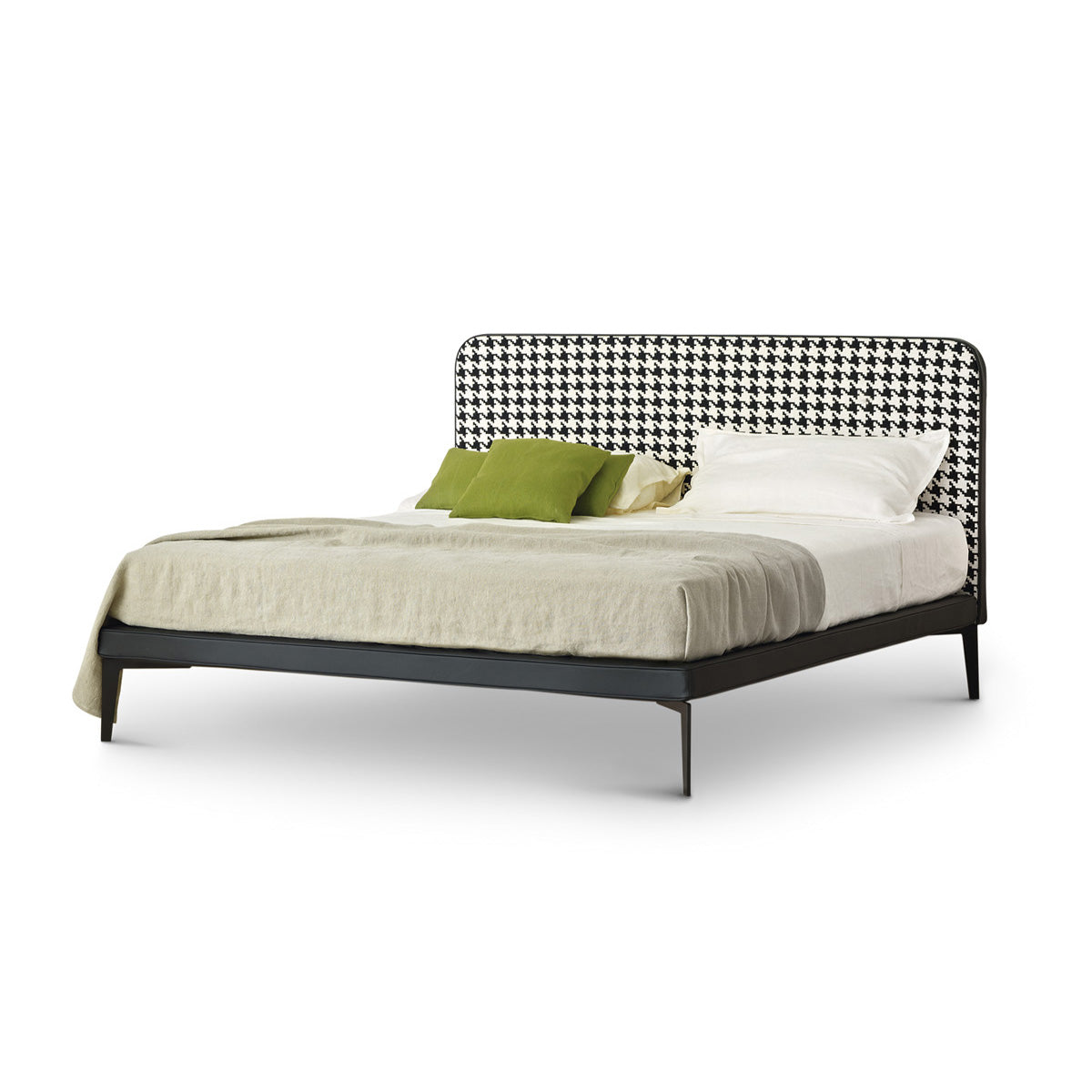 Letto Suite di Arflex con struttura nera e testata pied de poule.