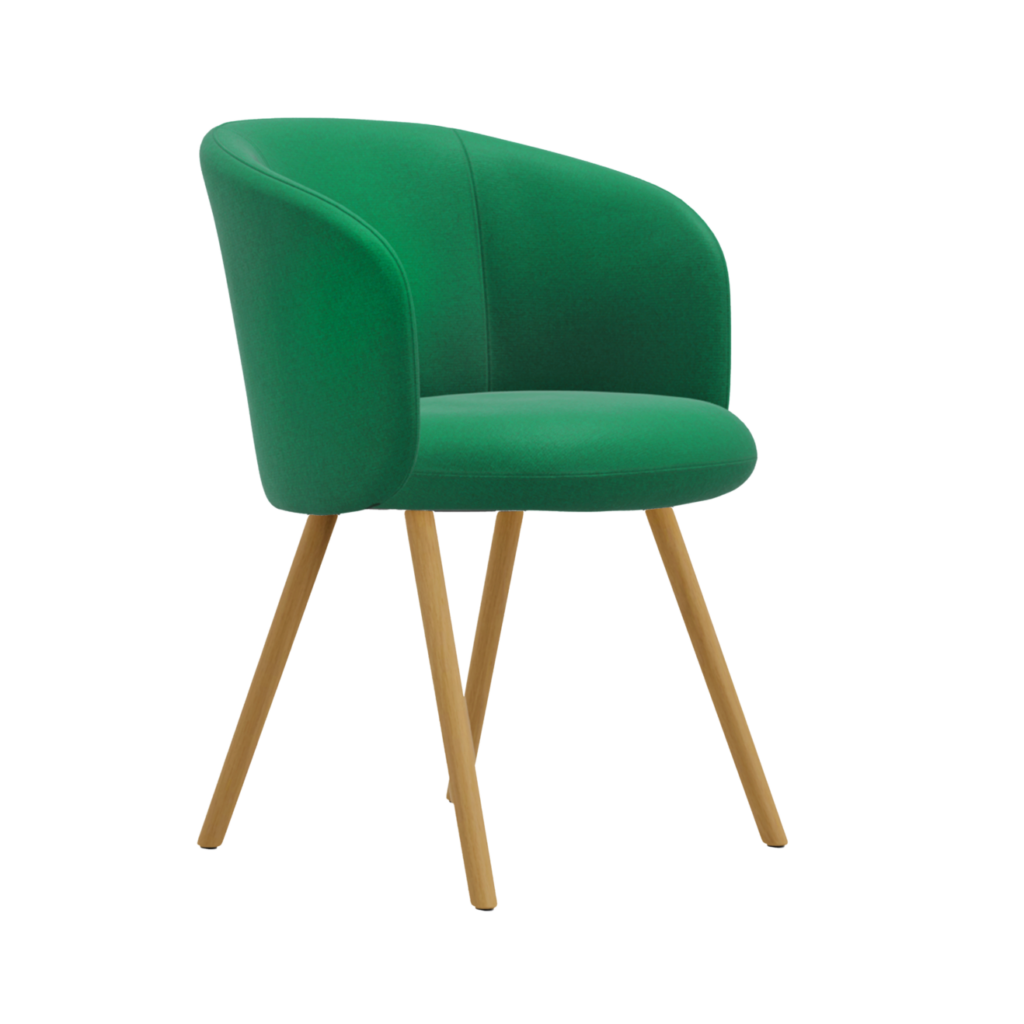 Sedia Mikado di Vitra verde con gambe in legno su fondo bianco. 