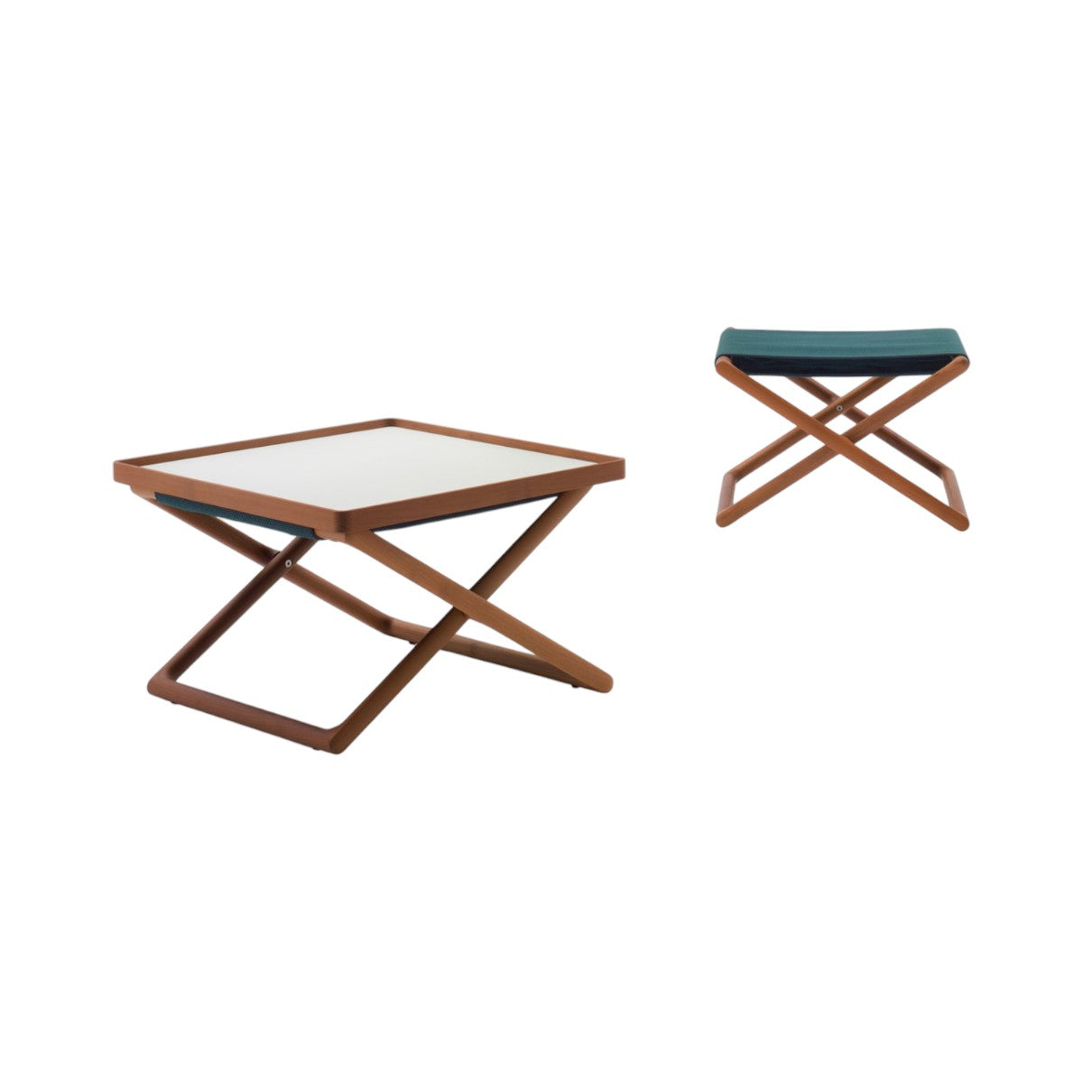 Portofino. Left: side table, white aluminium top, structure LE247. Right: stool, Tamil TM11, structure LE247
