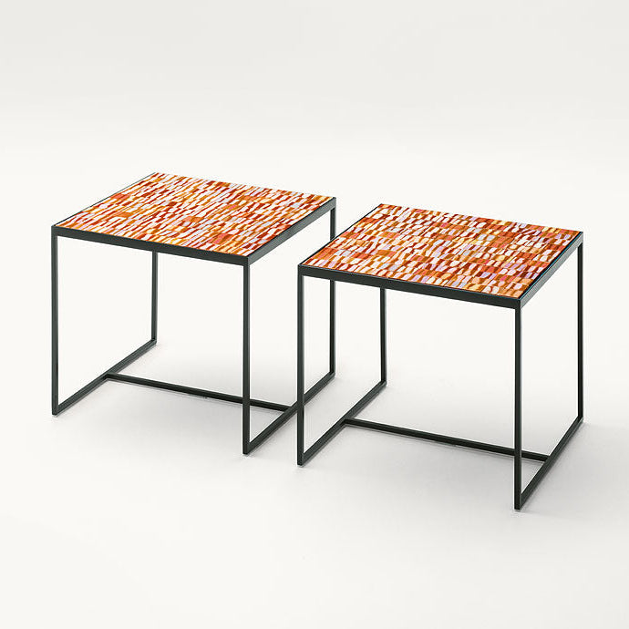 Segni, table tops by Nicolò Morales, ceramics PMS126, structures ME451